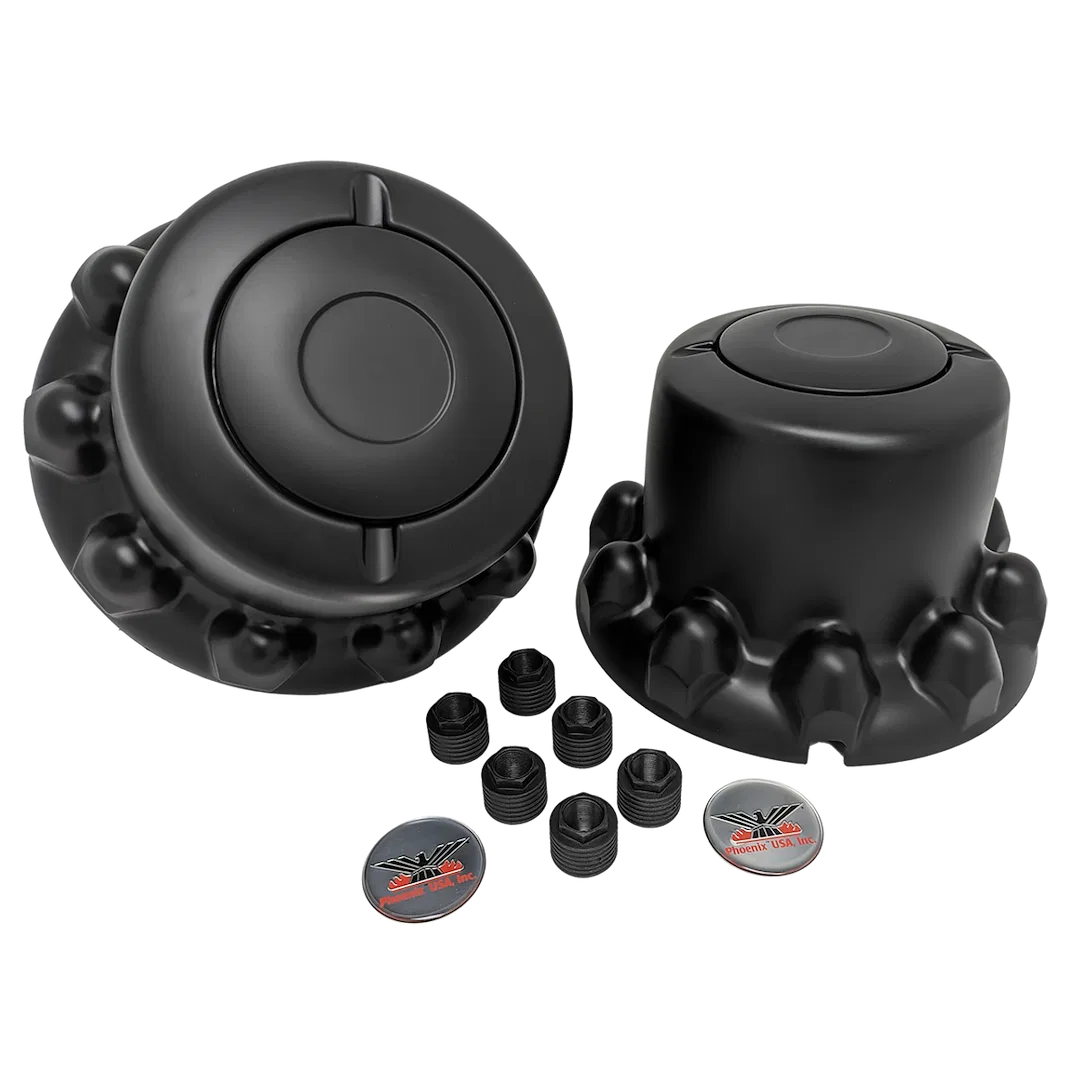 QH1300BAS – PHOENIX USA Wheel Simulator Axle Cover, Fits Heavy Duty 10 Lug Wheels Rear Black Satin ABS With 33 Millim...